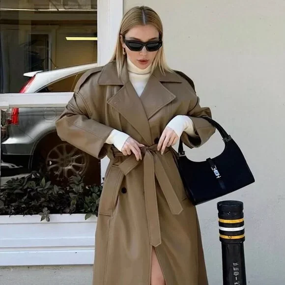 BLOGGER'S FAVE! Zara Faux Leather Trench Coat Tan Brown NWT - Picture 4 of 13